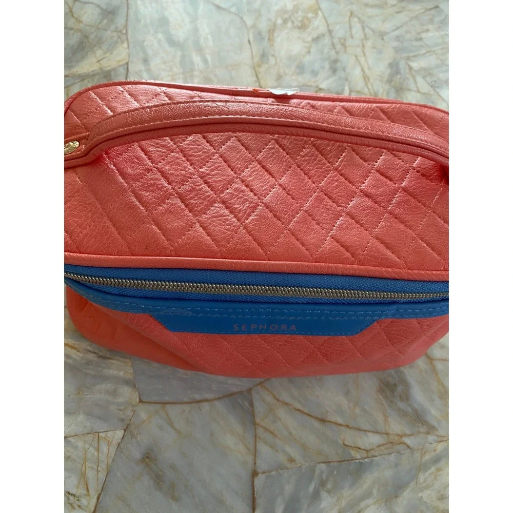 Sephora Quilted Makeup Bag Coral Pink Blue Trim Zippered Travel Train Case